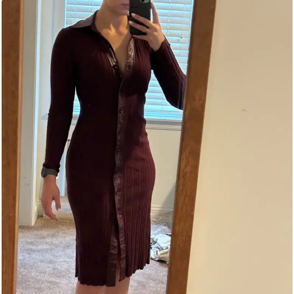 Toccin Burgundy Ribbed Knit Shirt Dress XS Midi Office Work Designer $525 - Picture 6 of 14
